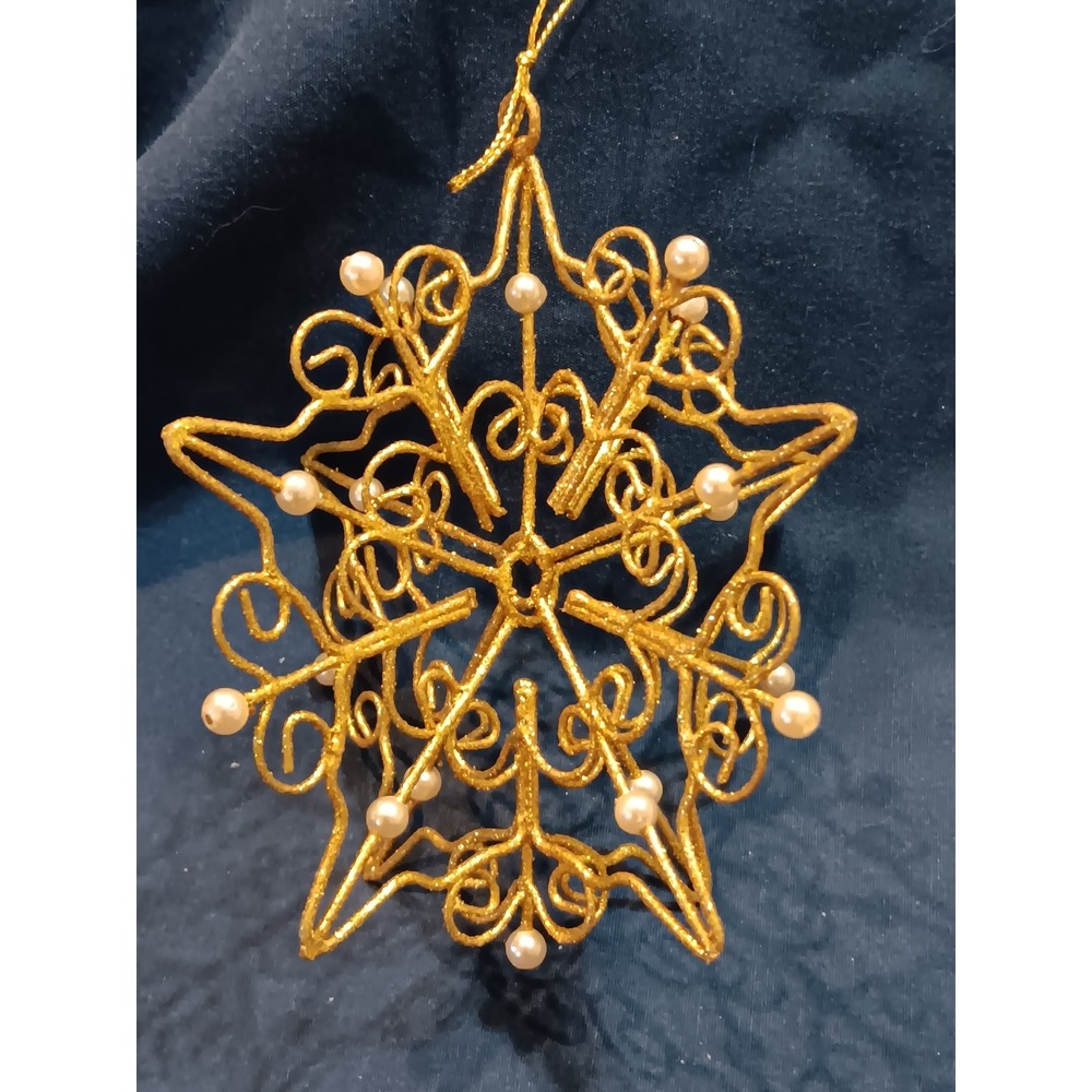 Avon Glitter Snowflake Ornament Faux Pearls Gold Christmas Tree Decor 1998